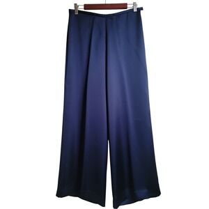 Trina Turk Navy Blue Fluid Satin Low Rise Wide Leg Palazzo Trousers Pants Sze 2